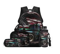 TOADDMOS Tractor School Backpack Set of 4 with Lunch Box Pencil Case Water Bottle Bag Carrier with Compartments Cool Flag Bags for Elementary School Students