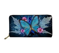 TOADDMOS Trendy Blue Butterfly Floral Women's Long Purse Leather Medium Wallet Card Coin Holder Small Purses with Zipper