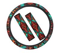 TOADDMOS Tribal Southwest Navajo Print Car Accessories Set Include Steering Wheel Cover,Seat Belt Shoulder Pads,Universal Fit