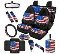 TOADDMOS US Flag 14 Pcs Auto Seat Covers Full Set Seat Belt Pads Steering Wheel Cover Hand Brake Cover Shift Knob Cover Car Trash Can Car Cup Coasters Fit for Cars SUV Sedans