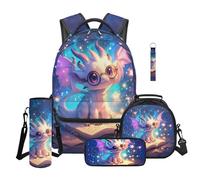 TOADDMOS White Baby Dragon 5 Piece School Backpack Set with Lunch Box Practical Pen Bag Water Bottle Bag Lanyard Keychain Large Capacity Backpack for Kids