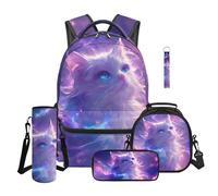 TOADDMOS White Cat Kids Backpack Set 5Pcs with Portable Lunch Bag Multifunctional Pencil Case Water Bottle Bag Carrier Lanyard Keychain for Elementary Middle School