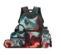 TOADDMOS White Wolf School Backpack Set 4Pcs with Portable Lunch Bag Multifunctional Pencil Case Water Bottle Bag Carrier Suitable for Elementary Middle School