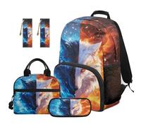 TOADDMOS Wolf 5 Piece Kids Backpack Set with Lunch Bag Pencil Case 2 Pcs Bookmark Durable Ice and Fire Bookbag for Elementary Middle High School
