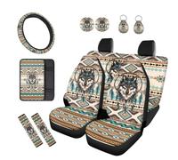 TOADDMOS Wolf Aztec Tribal 12 Pcs Car Seat Covers Auto Center Console Armrest Pad Steering Wheel Cover Car Seat Belt Pad Covers 2 Pack Cars Cup Holder Coasters Fit for Most Cars