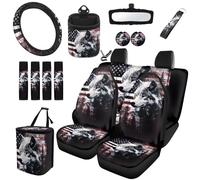TOADDMOS Wolf Flag Automobile Seat Covers 15 Pack Car Storage Box Steering Wheel Cover Cars Trash Can Rear View Mirror Cover Seat Belt Pads Fit for Most Cars, Sedans, SUVs