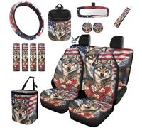 TOADDMOS Wolf Flower Flag Car Seat Covers 15 Pieces Rear View Mirror Cover Steering Wheel Cover Car Garbage Can Seat Belt Pads Cars Storage Box Fits Most Cars, Sedans, SUVs