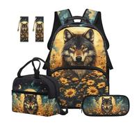 TOADDMOS Wolf Kids Backpack Set 5Pcs Daisy Fashion Toddler Bookbag with Lunch Bag Multifunctional Pencil Case 2 Piece Bookmark for School