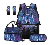 TOADDMOS Wolf School Backpack Set for Girls Galaxy 5 Piece Set with Lunch Box Multifunctional Pencil Case and 2 Bookmarks Cool Casual Daypack