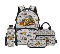 TOADDMOS Yellow Excavator 4Pcs Kids Backpack for Boys with Portable Lunch Bag Multifunctional Pencil Case Water Bottle Bag Suitable for Toddler Kids