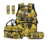 TOADDMOS Yellow Tractor Kids Backpack Set 5Pcs Cute School Backpack with Lunch Box Multifunctional Pencil Case 2 Piece Bookmark for Boys Girls