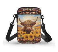 Toaddself Navajo Tribal Highland Cow print Zipper Cellphone Purse with Adjustable Strap Mini Cross Body Bag 2 Pockets for Women Travelling