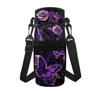 Toaddself Purple Butterfly Rose Design Bottle Pouch Holder, Adjustable Strap Drink Holder Bottle Bag with Phone Pocket for Women
