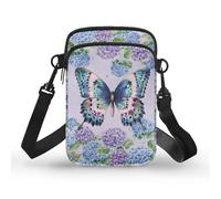 Toaddself Women Purple Butterfly Pattern Phone Bags with Detachable Buckle Hydrangea Flowers Print Cellphone Wallet Long Strap Small Phone Shoulder Bag