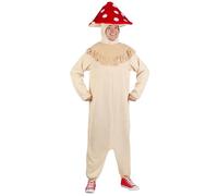 Toadstool Mushroom Adult Costume with Cream Corduroy Jumpsuit and Red Polka Dot Hat for Forest Theme Events, Multicolor, Medium