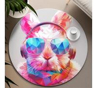 TOANGWALL Abstract Geometry Style Round Rugs 240cm Rabbit with Headphones Washable Non-Slip Soft Low-Pile Throw Circle Carpet for Sofa Conference Room