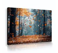 TOANGWALL Autumn Forest Framed Canvas Wall Art Modern Falling Orange Leaves Deep Woods Landscape Photography Giclee Printed Poster for Living Room Bedroom Decor 75x115cm