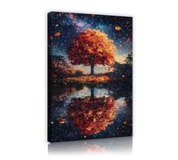 TOANGWALL Autumn Tree Reflection Canvas Wall Art Celestial Lake Scene Mural Starry Night Artwork Prints Modern Poster Painting for Study Home Decor 60x90cm