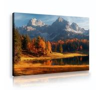 TOANGWALL Beautiful Autumn Alpine Mountain Framed Canvas Wall Art Modern Lake Reflection Orange Larch Forest Nature Scenery Picture Stretched Printed Poster for Living Room Office Decor 60x90cm
