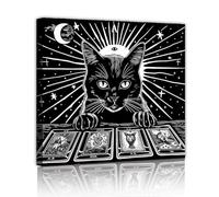 TOANGWALL Black and White Cat Canvas Poster Tarot Cards Witchcraft Moon Mystic Painting Gothic Artwork Modern Picture Wall Art for Bedroom Living Decor 90x90cm