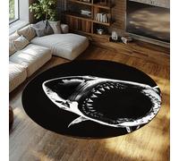 TOANGWALL Black and White Style Round Rugs 240cm Ferocious Shark Pattern Washable Non-slip Thin Carpet for Classroom Toddler Nursery Room Decorative
