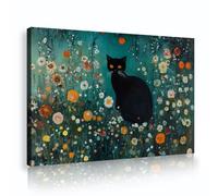 TOANGWALL Black Cat Canvas Painting Night Garden Poster Teal Green Sky Mystical Kitten Aesthetic Botanical Flower Picture Wall Art for Lounge Decor 60x90cm