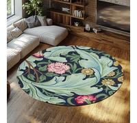 TOANGWALL Botanical Round Rugs 130cm Flower and Leaf Pattern Washable Non-slip Low-Pile Throw Circle Carpet for Living Room Dining Room Guest Room
