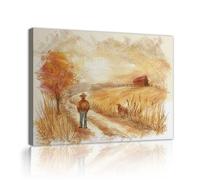 TOANGWALL Country Road Autumn Canvas Artwork Rustic Landscape Farmhouse Mural Prints Countryside Barn Field Pasture Picture Painting for Kitchen Decor 85x100cm