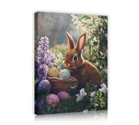 TOANGWALL Country Style Canvas Wall Art Easter Bunny with Floral Eggs Framed Print Rural Spring Scenery Mural Painting for Guest Room Lounge Decor 70x85cm