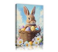TOANGWALL Cute Bunny Easter Basket Canvas Print Wall Art Colorful Eggs Patterned Artwork White Daisies Mural Framed for Nursery Playroom Indoor Decor 60x90cm