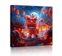 TOANGWALL Eastern Traditional Art Lion Dance Mural Canvas Wall Art Asian Traditional Artwork Prints Modern Painting for Conference Room Decor 60x60cm Innerframe