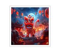 TOANGWALL Eastern Traditional Art Lion Dance Mural Canvas Wall Art Asian Traditional Artwork Prints Modern Painting for Conference Room Decor 60x60cm Frameless