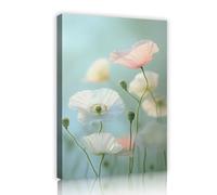 TOANGWALL Elegant White Poppy Flowers Framed Canvas Wall Art Soft Pink Floral Bud Mint Green Background Picture Stretched Printed Poster for Bedroom Bathroom Decor 70x100cm