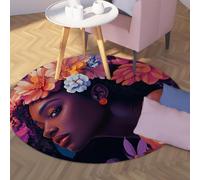 TOANGWALL Exotic Round Rug 160cm African Black Woman and Flower Pattern Non-slip Washable Floor Carpet for Living Room Bedroom Porch Dorm Decor