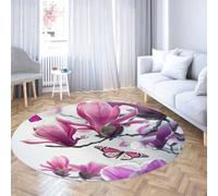 TOANGWALL Floral Round Rugs 110cm Pink Magnolia Flower Butterfly Pattern Large Foldable Thin Non Slip Washable Circular Carpet for Bedroom Girls Room Decor