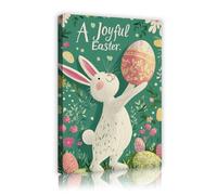 TOANGWALL Happy Easter White Rabbit Canvas Print Wall Art Teal Floral Meadow Artwork Pastel Patterned Eggs Mural Framed for Bedroom Balcony Decor 40x60cm