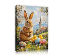 TOANGWALL Impressionist Oil Painting Style Canvas Mural Easter Bunny and Chicks Framed Print Rural Scenery Wall Art for Hotel Lobby Restaurant Decor 50x60cm