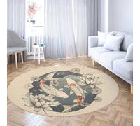 TOANGWALL Japanese Ukiyo-e Style Round Rug 180cm Good Luck Koi Fish Lotus Washable Low Pile Non Slip Indoor Circle Mat for Cabinet Bathroom Playroom