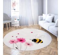 TOANGWALL Minimalist Non-Slip Round Rug 100cm Cartoon Pink Flowers Cute Bee Indoor Washable Low-Pile Circular Carpet for Living Room Bedroom Nursery