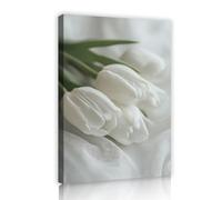 TOANGWALL Minimalist White Tulip Framed Canvas Wall Art Elegant Fresh Flowers Botanical Nature Greenery Picture Stretched Printed Poster for Bedroom Bathroom Decor 70x100cm