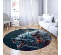 TOANGWALL Modern Animal Theme Washable Round Rug 100cm Dream Roaring Wolf Pattern Living Room Non Slip Indoor Floor Low Pile Carpet for Entryway Dining Room