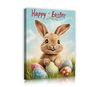 TOANGWALL Modern Cartoon Smiling Bunny with Colorful Eggs Canvas Framed Print Wall Art Cute Animal Mural Poster Painting for Nursery Kids Room Decor 40x50cm