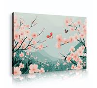 TOANGWALL Modern Chinoiserie Cherry Blossom Framed Canvas Artwork Soft Pink Floral Branches Red Butterfly Mountain Picture Giclee Printed Poster for Living Room Bedroom Decor 40x60cm