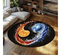 TOANGWALL Modern Round Rugs 110cm Fire and Water Yin Yang Pattern Non Slip Machine Washable Stain Resistant Foldable Circle Carpet for Gaming Apartment