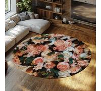 TOANGWALL Nostalgic Style Non Slip Round Rug 150cm Cream Pink Rose Bouquet Pattern Indoor Washable Low-Pile Circular Carpet for Living Room Kitchen Bedroom