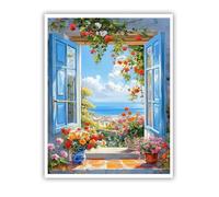 TOANGWALL Open Window Canvas Wall Art Mediterranean Flower Balcony Print Coastal Mural Seaside Painting Poster Scenic Artwork for Study Room Decor 90x110cm Frameless