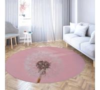 TOANGWALL Pink Washable Round Rug 150cm White Dandelion Pattern Non Slip Low Pile Indoor Floor Circle Carpet for Kitchen Bedroom Living Room Dining Room