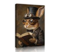 TOANGWALL Reading Book Rabbit Canvas Wall Art Top Hat and Goggles Victorian Style Portrait Mural Print Animal Artwork Poster Painting for Office Decor 40x60cm