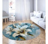 TOANGWALL Retro Style Round Rug 180cm Abstract Lily Flower Print Non Slip Low Pile Foldable Non Shedding Throw Circle Carpet for Bedroom Deck Patio
