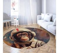 TOANGWALL Retro Style Round Rug 180cm Space Astronaut Monkey Pattern Non-slip Nursery Indoor Washable Circle Door Carpet for Mudroom Apartment Home